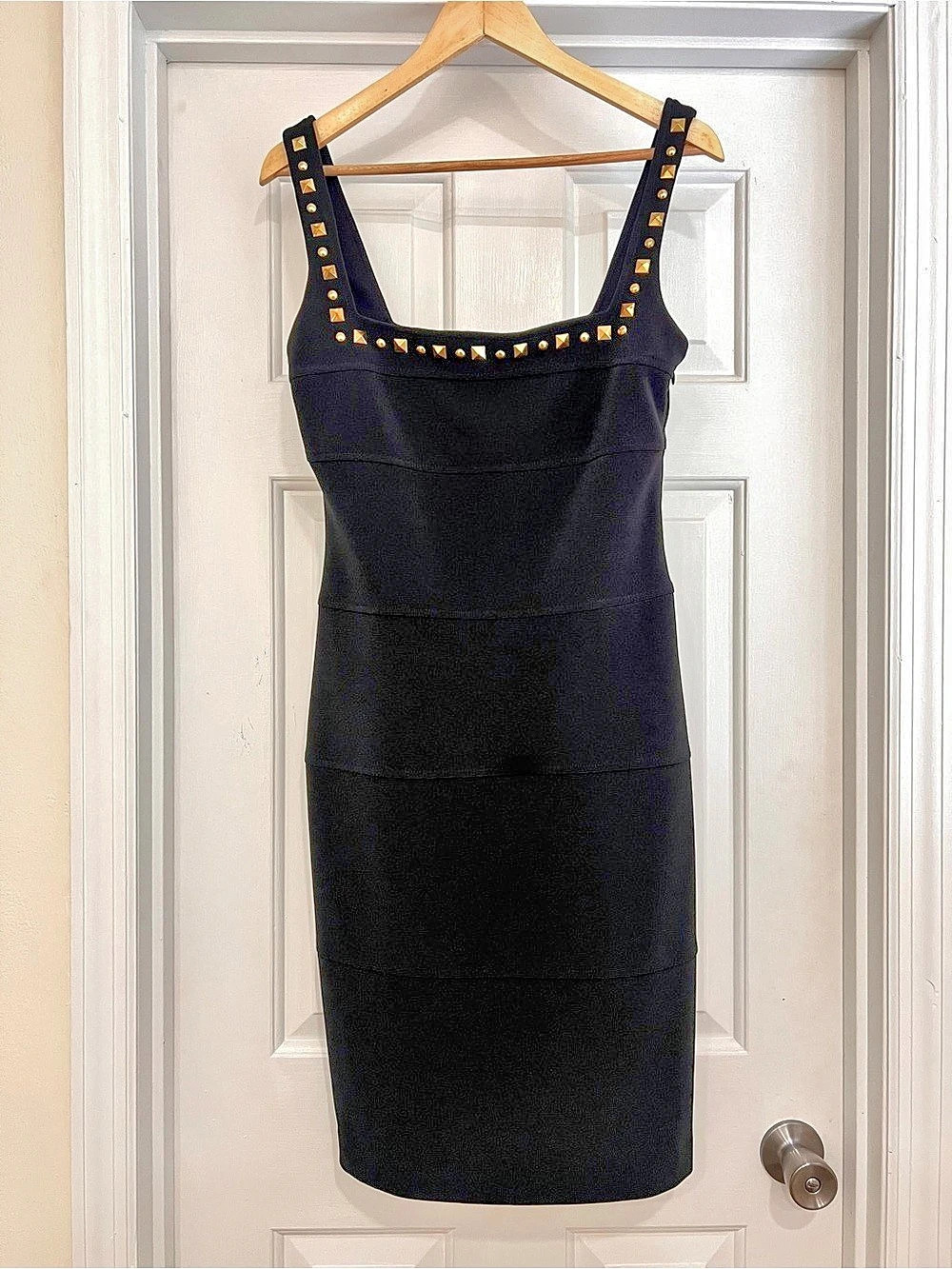 Vintage Y2K Caché Black Bodycon Mini Dress Gold Studded Neckline Size 10